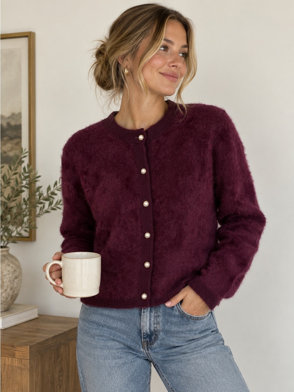 Burgundy Fuzzy Pearl Button Cardigan Sweater Coquette Preppy S
